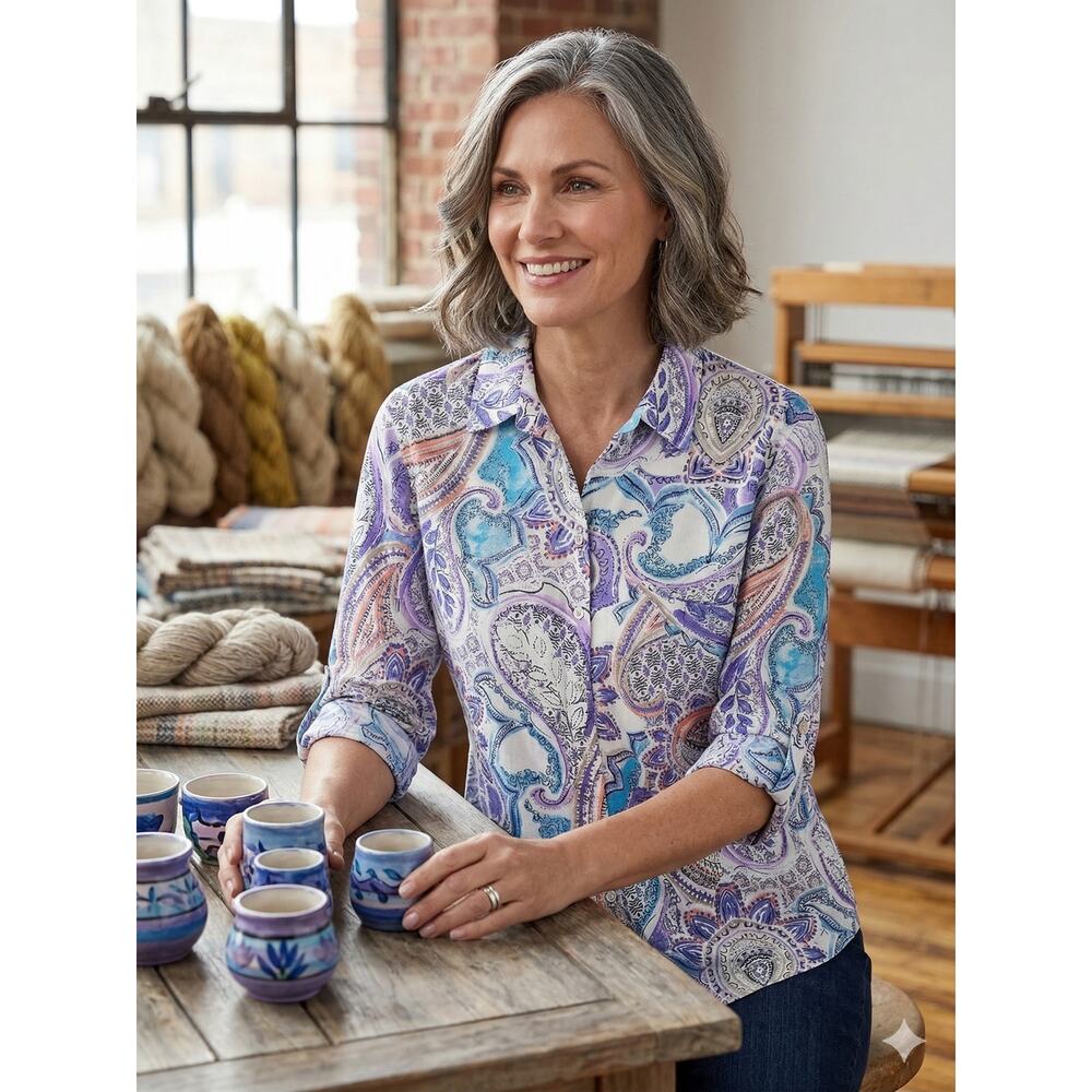 Chico's Women's M Boho Artsy Coastal Resortwear Vacation Paisley Print Blouse - Picture 2 of 13